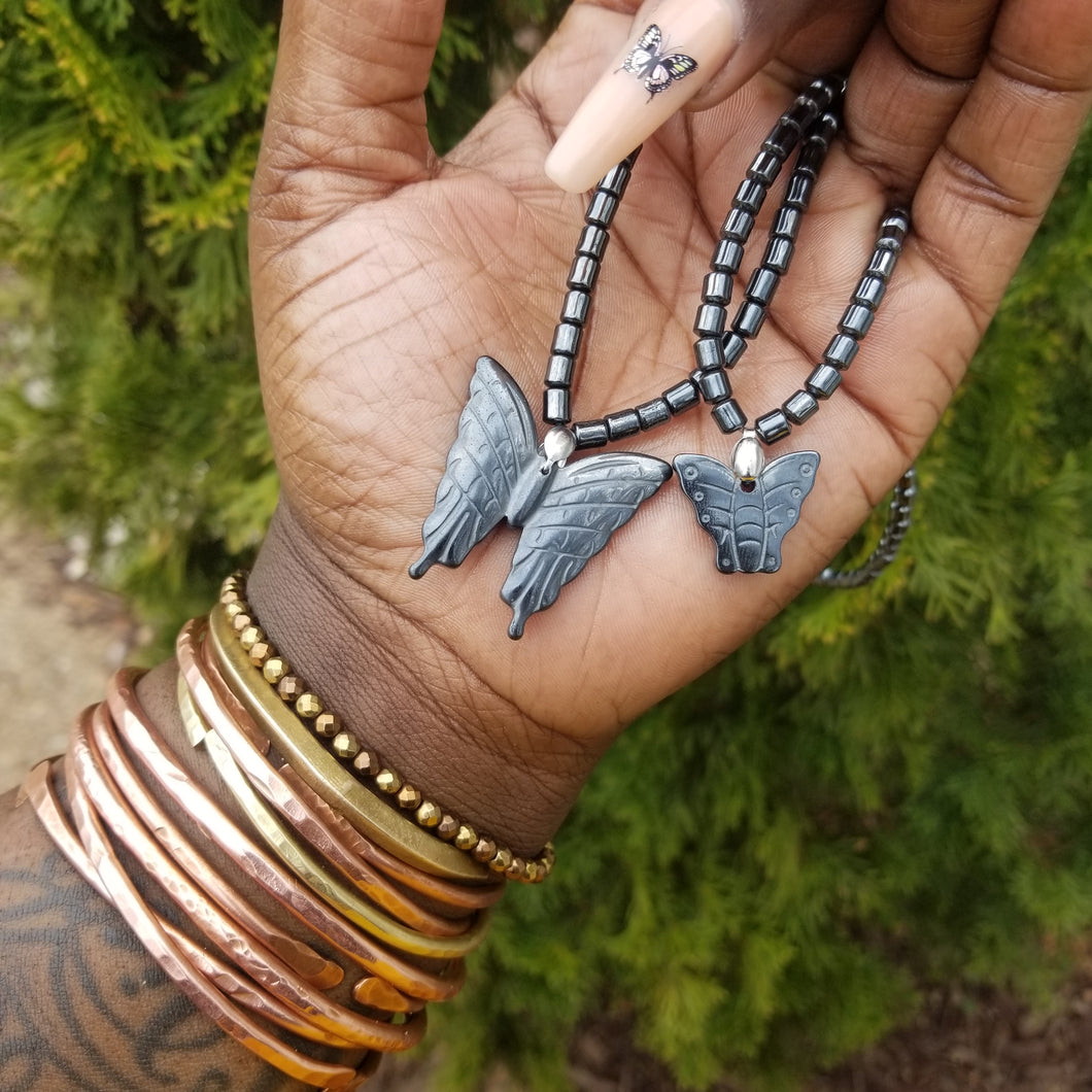 Butterfly Wings Hematite Stone Bead Choker Necklace