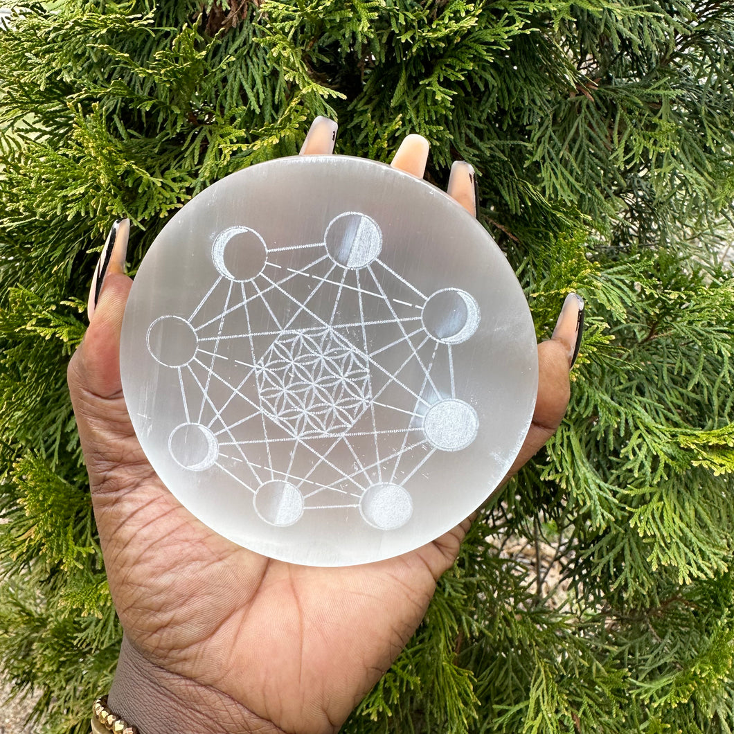 Moon Phases with Flower of Life Selenite Plate