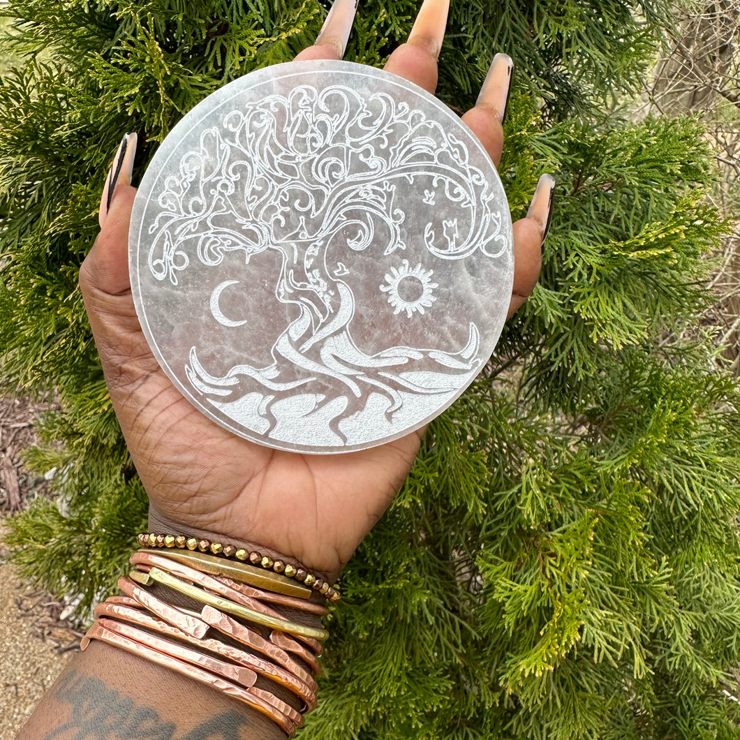 Tree of Life with Moon and Sun Selenite Plate